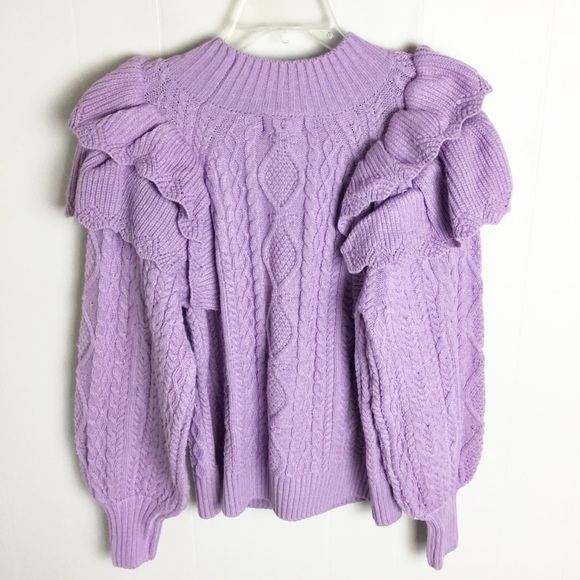 Vici Ruffle Shoulder Cable Knit Sweater In Lilac. Size M. - Picture 6 of 7